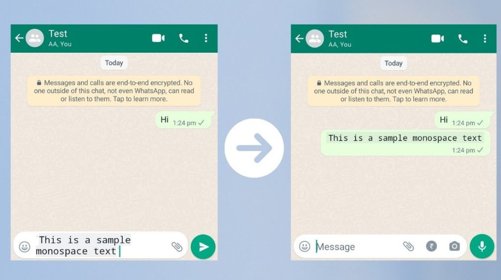 how to make text monospace in WhatsApp